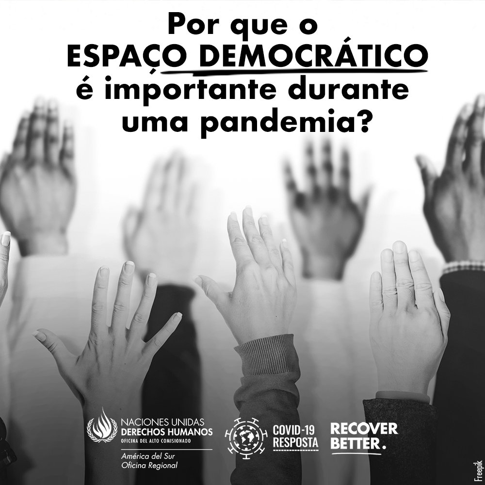 Sobre imagem de cinco mãos levantadas, a pergunta: Por que o espaço democrático é importante durante uma pandemia?