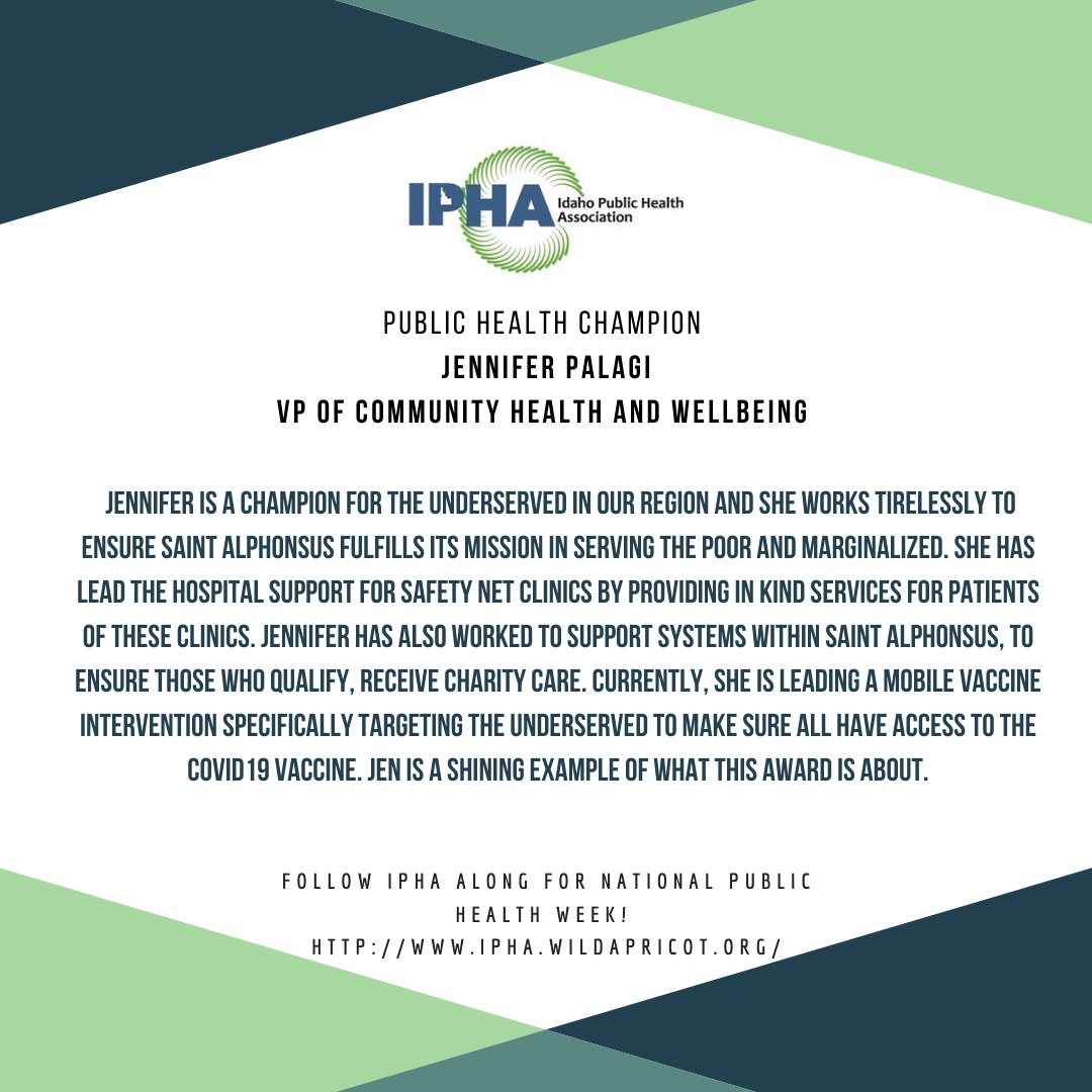 Throughout #NPHW we are recognizing public health champions right here in Idaho. Thank you Jennifer Palagi with <a href="/SaintAlsHealth/">Saint Alphonsus</a>