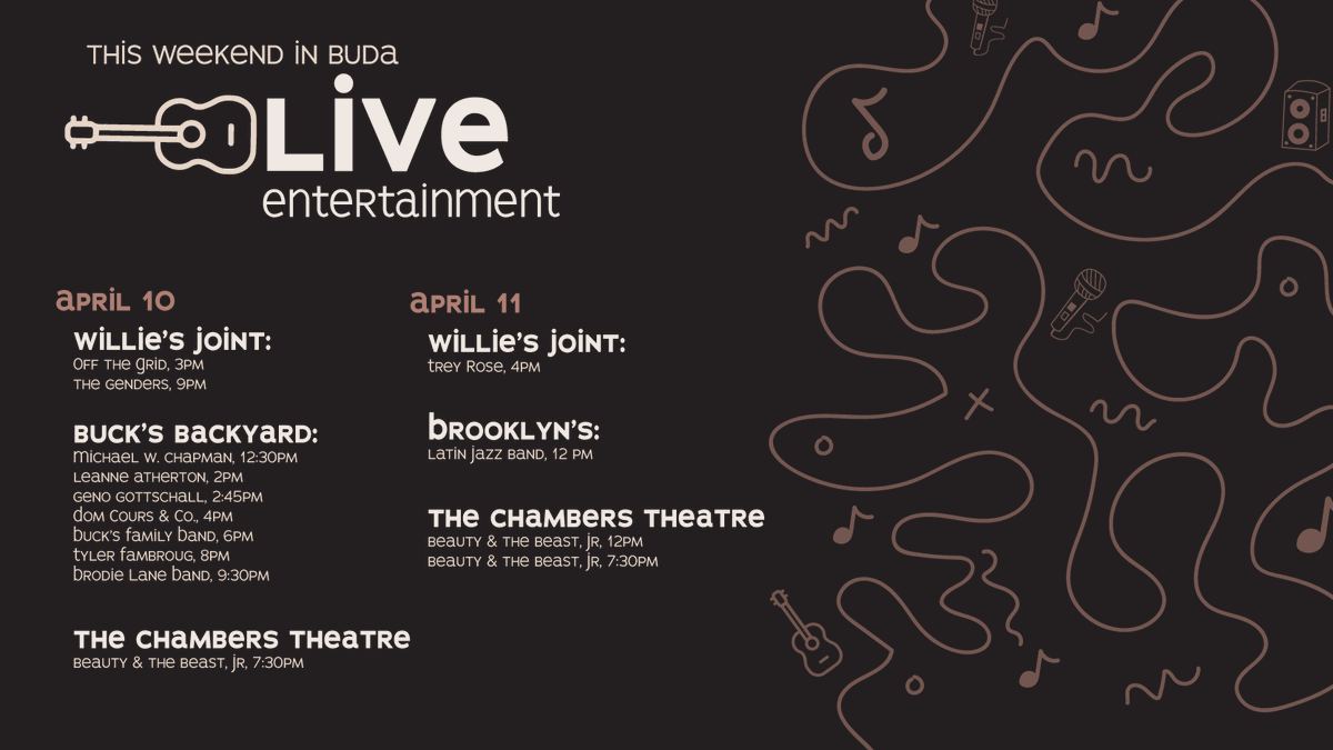 VisitBudaTx's tweet photo. Check out this weekends live entertainment schedule! 🎶🎭🎷#budafultx #liveinbuda #budatx https://t.co/Fv50f3YCkZ