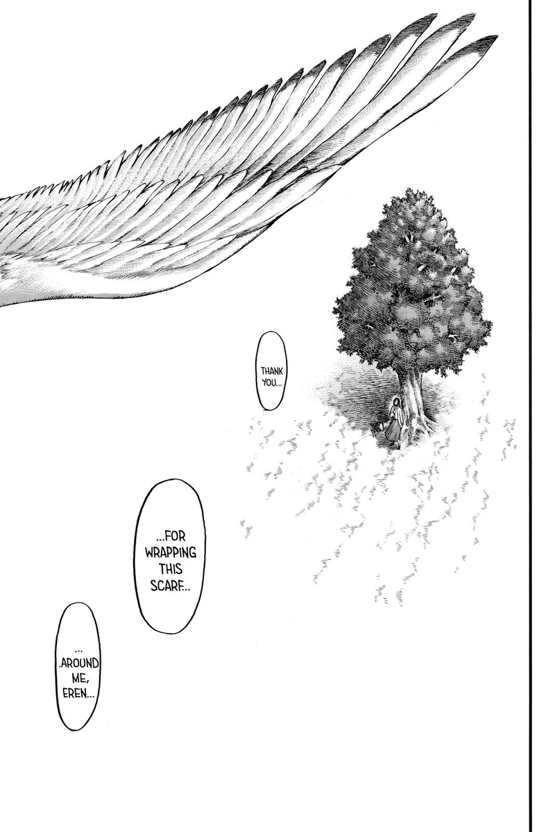 And then all that's really left is this final scene of Mikasa at Eren's grave 3 years later by the tree where we saw them for the first time. This is a very beautiful send-off to the series imo with the tree, scarf & bird symbolizing freedom. Is Eren the bird? I don't know at all