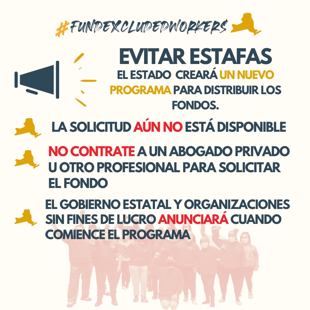 🚨AVOID SCAMS: Now that #FundExcludedWorkers is secure, New York State needs to create the program. 🛑 Applications are NOT yet available 🛑 Do NOT hire a private attorney to apply 🛑 NYS government and local non-profits will announce open applications.