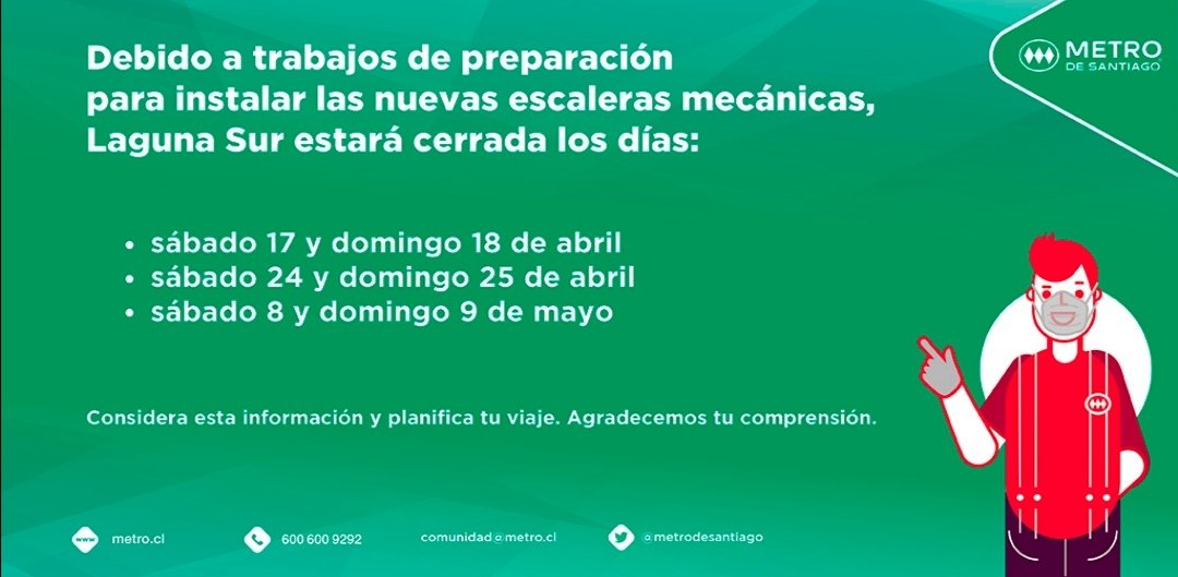 metrodesantiago's tweet photo. Atentos con esta información para Laguna Sur en #L5 🚇 La estación permanecerá cerrada por trabajos los siguientes días:

➡️ Sábado 17 y domingo 18 de abril
➡️ Sábado 24 y domingo 25 de abril
➡️ Sábado 8 y domingo 9 de mayo

🔁 Comparte esta información 🚇 https://t.co/wP11wBHnJc