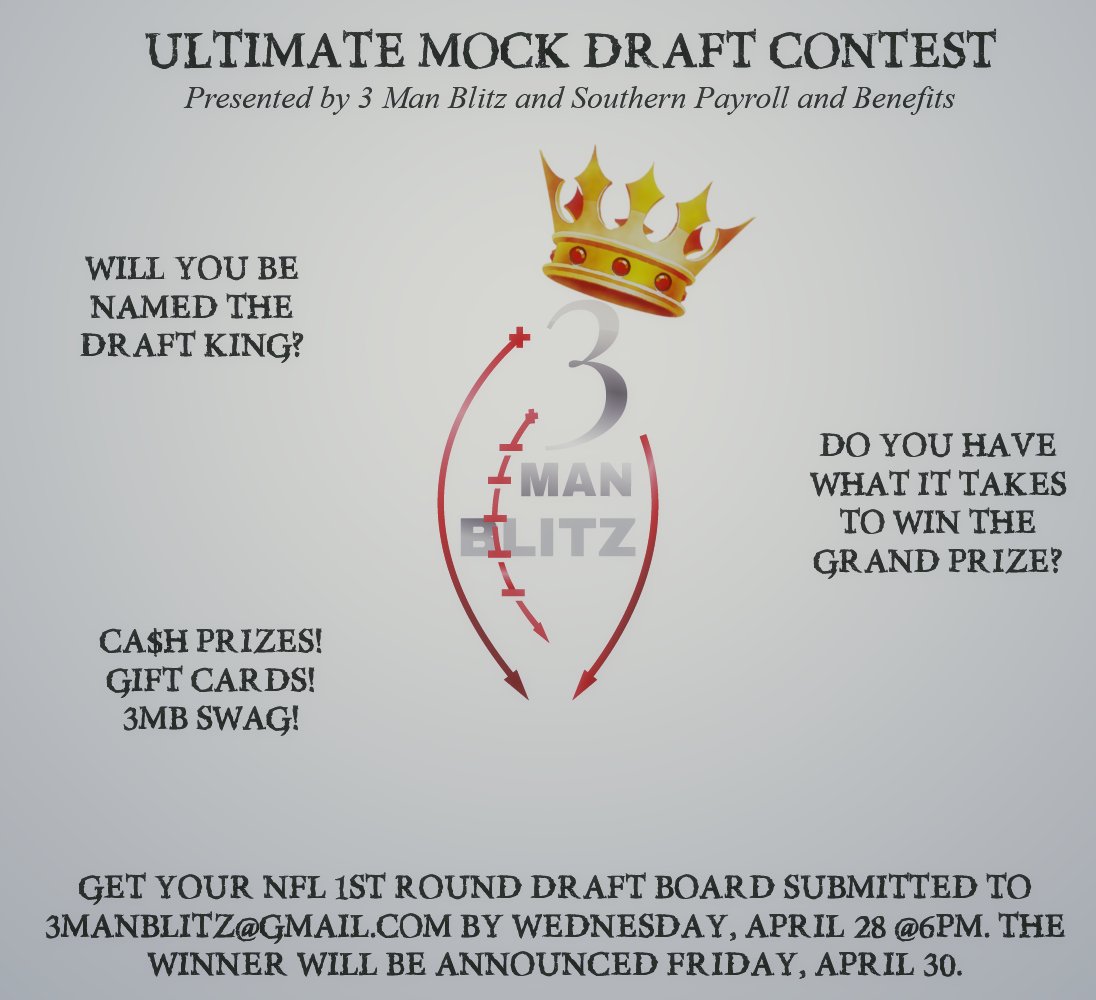 3manblitz's tweet photo. The 1st annual 3 Man Blitz Ultimate Mock Draft Contest is officially open! Submit your #NFL 1st round #MockDraft to 3ManBlitz@Gmail.com by Wednesday, April 28th at 6pm, Like and subscribe to our #Youtube page (https://t.co/yEgqBVfXlA), and share this post to be entered for a shot https://t.co/jQXomGxnMa