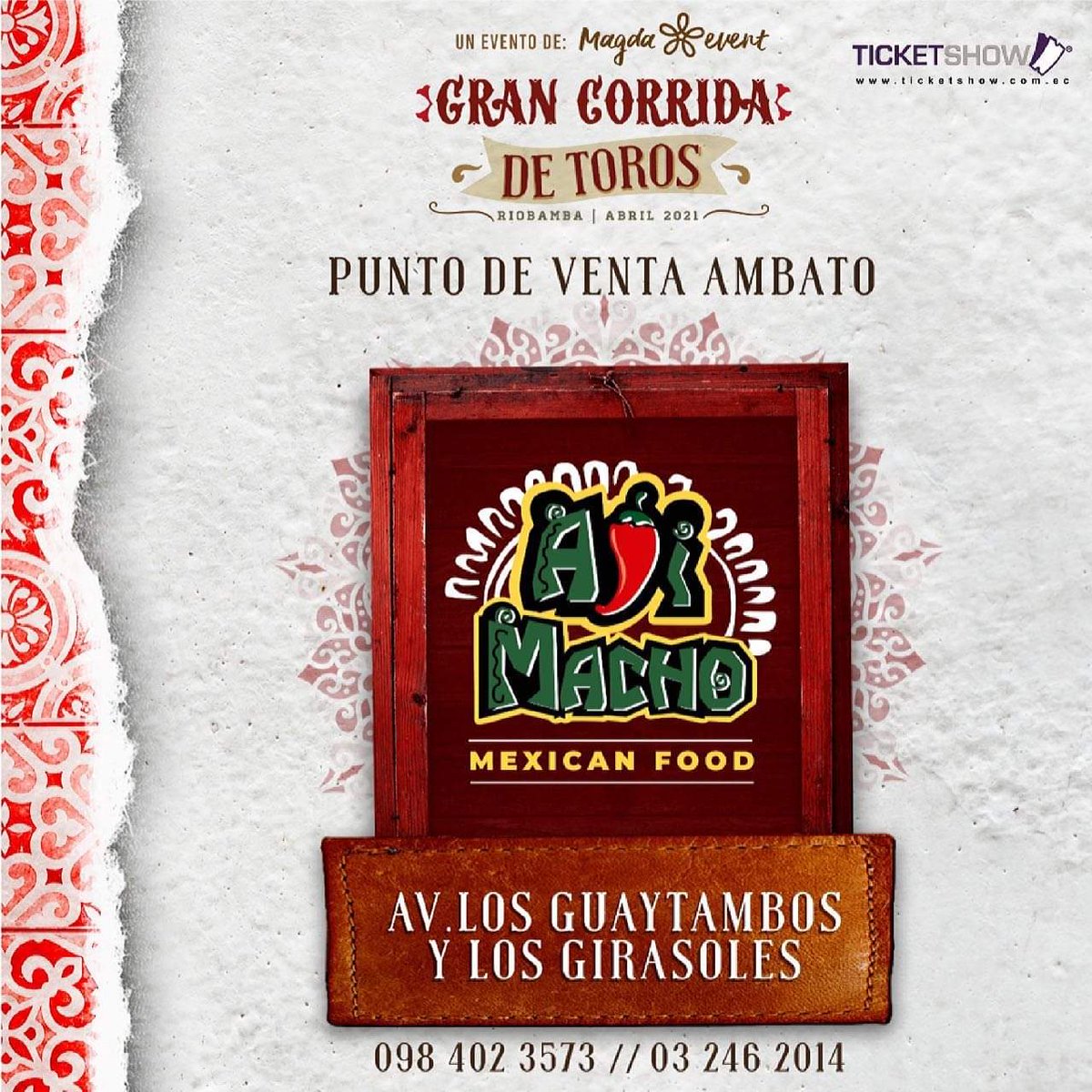 SerTaurinoEc's tweet photo. Cada día falta menos para la extraordinaria Corrida de Toros
Sábado 17 de abril 15h00
6 Campo Bravo - El Pinar 6
Para los espadas:
J. F. Hinojosa 🇪🇨
Julio Ricaurte 🇪🇨
J. A. Marcillo 🇪🇨
Plaza de Toros "Erazo Basantes" 
Adquiere tus entradas en
Ticketshow y los puntos de venta https://t.co/w62MEzqzNk