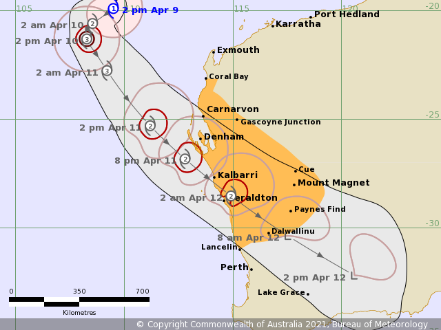 BigDataEarth's tweet photo. @BOM_WA forecast: #CycloneSeroja could be making landfall near #Geraldton #WesternAustralia

Location Profile Report showing historical cyclones &amp; winds: Cyclones at this wind scale rarely travel south; last major event for the region was in 1979.

#Seroja
https://t.co/5JBwj2fv1G https://t.co/Q69bE5MXVq