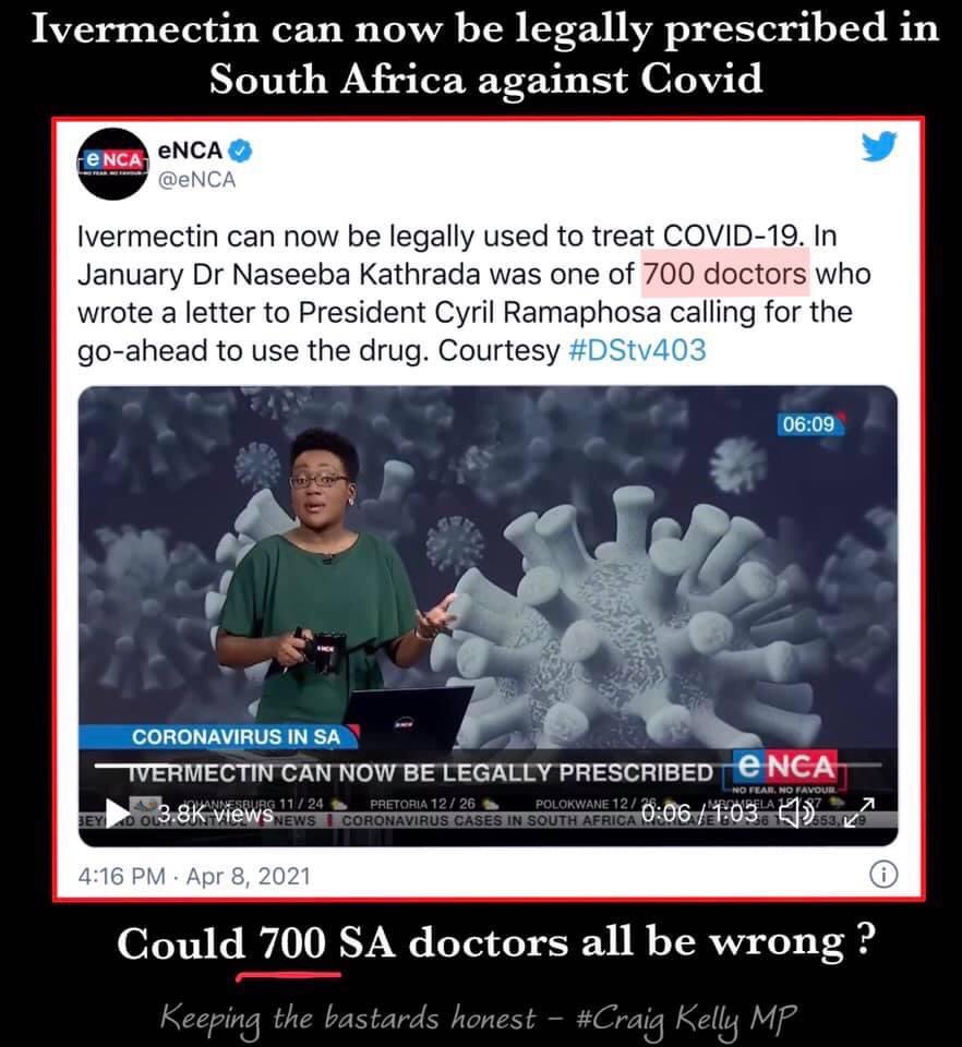 craigkellyAFEE's tweet image. South Africa has just made it legal for #Ivermectin to be used under medical supervision.

This came after 700 Doctors wrote a letter to their President calling for the go ahead to use the medicine.

#savinglives #stopgroupthink 

enca.com/news/ivermecti…