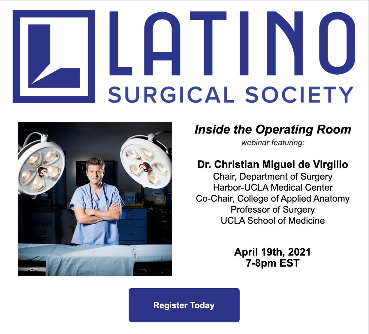 Join us for an intimate conversation in our next Inside the Operating Room webinar with Dr. Christian Miguel de Virgilio, MD. Chair of the Department of Surgery at Harbor-UCLA.
Apr 19, 2021 • 7pm EST
#VascularSugery #LatinxSurgeons