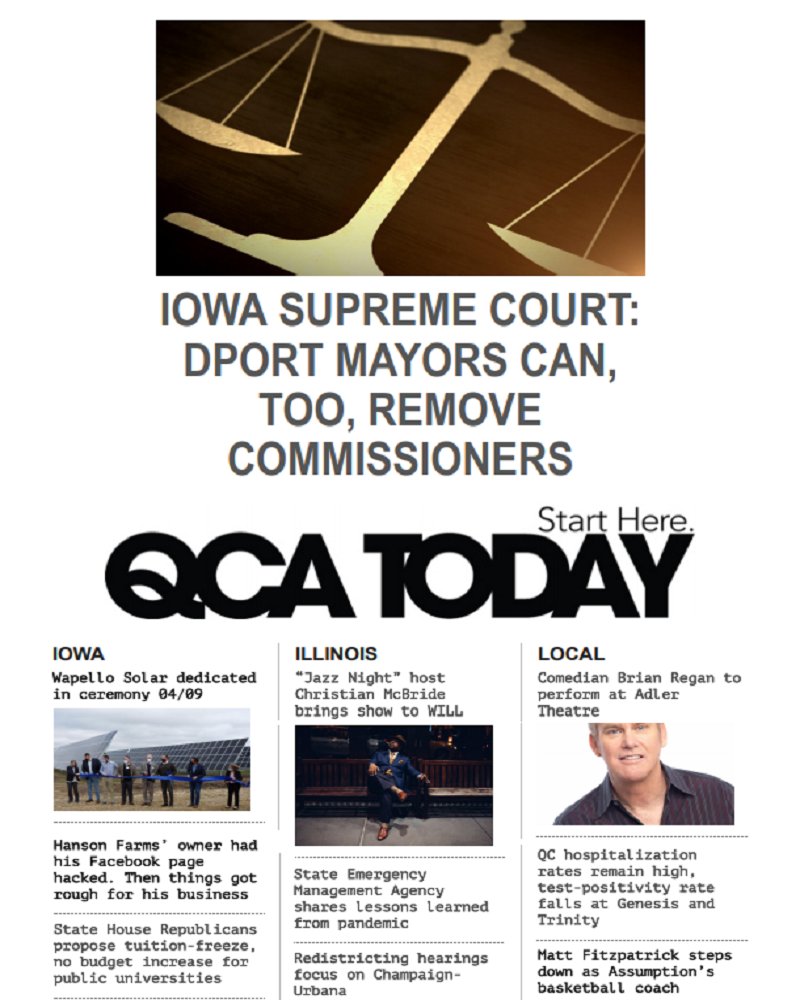 Herb Trix/@WVIKfm The Iowa Supreme Court (@IowaCourts) ruled 4-to-2 that then-Davenport Mayor Frank Klipsch (@KlipschForMayor) could remove a member of the city’s Civil Rights Commission (@dcrcevents) w/o cause. Link to lead 04/09 at QCAToday.com. . .