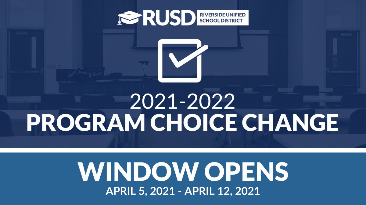 RUSD 2021-2022 program choice change opportunity closes 4/12.

Only for families who want to change their original selection.

bit.ly/21-22RUSDPCR.