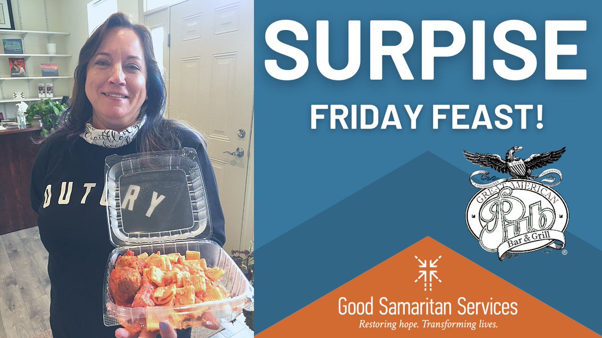 A huge thanks to <a href="/GreatAmericnPub/">Great American Pub</a> who is always thinking of Good Sam!

We got a call from our friend Chef John Sakos that there was an abundance of delicious ziti and meatballs that he would like to gift to Good Sam. So tonight we received 27 meals to serve our participants.