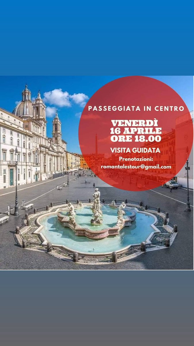 RomanTalesTour (@frapinola) on Twitter photo ⛲ Passeggiata in centro🏛
Visita guidata con storica dell’arte della durata di 2 ore circa.
ℹ️ e prenotazioni
📧 romantalestour@gmail.com
oppure 📲 3494528342 (whatsapp)
📆Venerdì, 16 aprile
⏰ore 18:00
📍Obelisco della Trinità dei Monti
💶Costo a persona del tour: 12€ ⛲ Passeggiata in centro🏛
Visita guidata con storica dell’arte della durata di 2 ore circa.
ℹ️ e prenotazioni
📧 romantalestour@gmail.com
oppure 📲 3494528342 (whatsapp)
📆Venerdì, 16 aprile
⏰ore 18:00
📍Obelisco della Trinità dei Monti
💶Costo a persona del tour: 12€