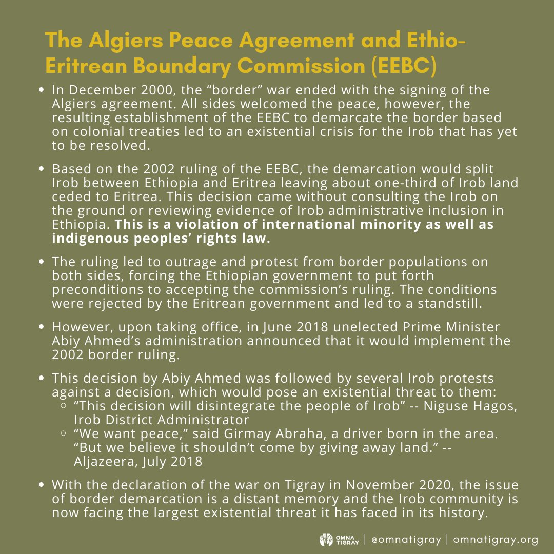 In June 2018, unelected Prime Minister Abiy Ahmed’s administration announced that it would implement the 2002 border ruling, splitting Irob between Ethiopia and Eritrea leaving about one-third of Irob land ceded to Eritrea, posing an existential threat to the Irob community.