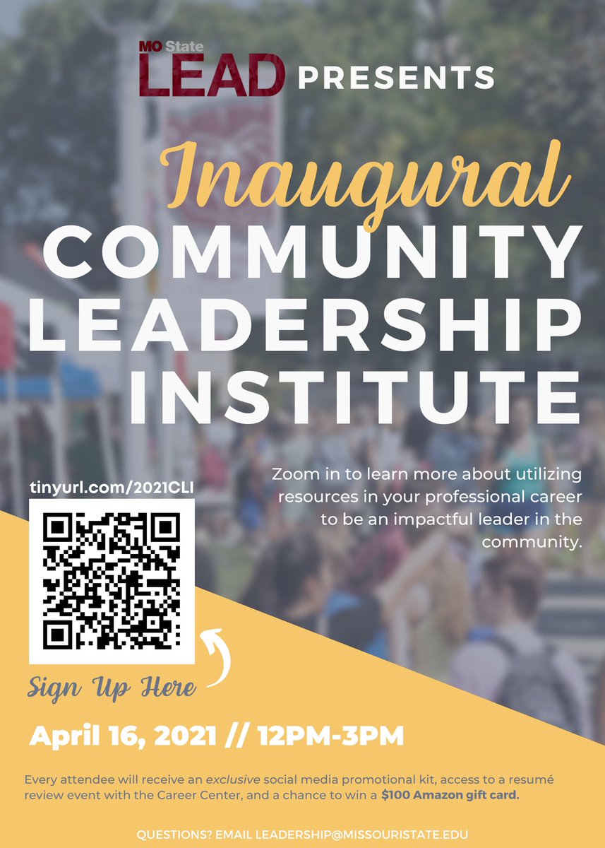 MO State Lead (@mostatelead) on Twitter photo Next Friday is our Community Leadership Institute. Don’t worry there’s still time to sign up! RSVP with the QR code below to receive special perks and be entered to win a $100 Amazon gift card! Next Friday is our Community Leadership Institute. Don’t worry there’s still time to sign up! RSVP with the QR code below to receive special perks and be entered to win a $100 Amazon gift card!