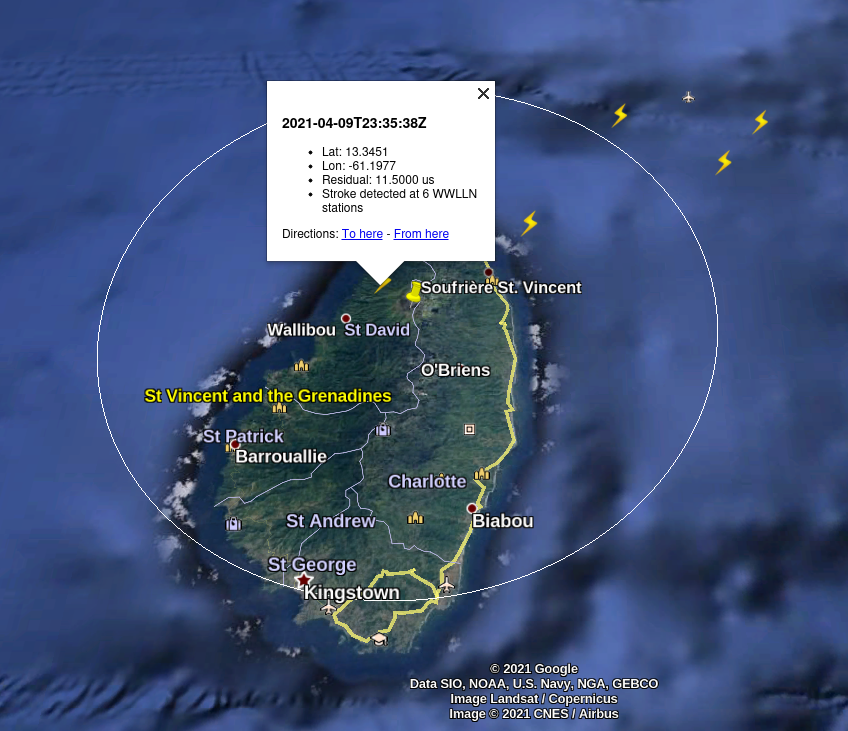 WWLLN's tweet photo. Lightning activity detected near the #LaSoufriere  volcano eruption on St. Vincent. https://t.co/4RWNjvnix9