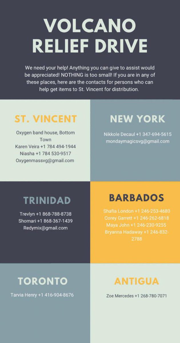 SVG Carnival Mas Band  @OxygenMasSVG is asking persons in SVG  New York  Trinidad  Barbados  Toronto  and Antigua and Barbuda  to contact the persons in this flyer if you are interested in donating to this worthy cause. A true Caribbean effort.  #LaSoufriereEruption