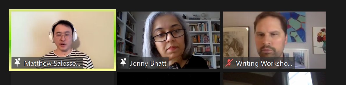 We are wrapping up the webinar now. So many wonderful questions and answers from Matthew, Jenny and the 100+ participants in this event! Thank you  @salesses  @jennybhatt and  #WritingWorkshops.