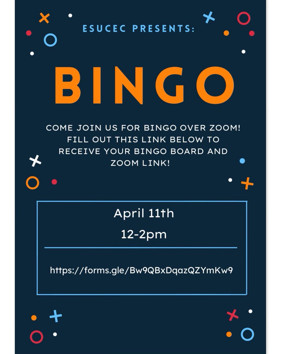 ‼️SUNDAY‼️12-2pm‼️Join is for a fun game of Bingo! Click on the following link to fill out the form to receive your bingo board and Zoom link!  The link is: forms.gle/Bw9QBxDqazQZYm…  🙂🍎 <a href="/ESUCollegeofEd/">College of Education</a> <a href="/ESUniversity/">East Stroudsburg University</a> <a href="/langanb/">langanb</a> <a href="/ginarscala/">Gina R. Scala</a> <a href="/MichelleLaBadi6/">Michelle LaBadie</a> <a href="/PACECSPED/">Pennsylvania Council for Exceptional Children</a> <a href="/CECMembership/">Council for Exceptional Children</a>