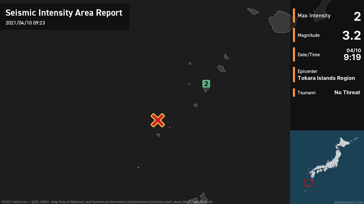 Earthquake Detailed Report – 4/10
At around 9:19am, an earthquake with a magnitude of 3.2 occurred near the Tokara Islands at a depth of 20km. The maximum intensity was 2. There is no threat of a tsunami. #earthquake https://t.co/QVGzL0PuqO
