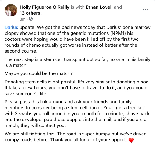 I generally don't post updates about my husband's health on Twitter, but I'm asking a favor today.For those of you who aren't aware, my husband was diagnosed with AML (acute myeloid leukemia) at the beginning of the year. 1/ https://bethematch.org/ 