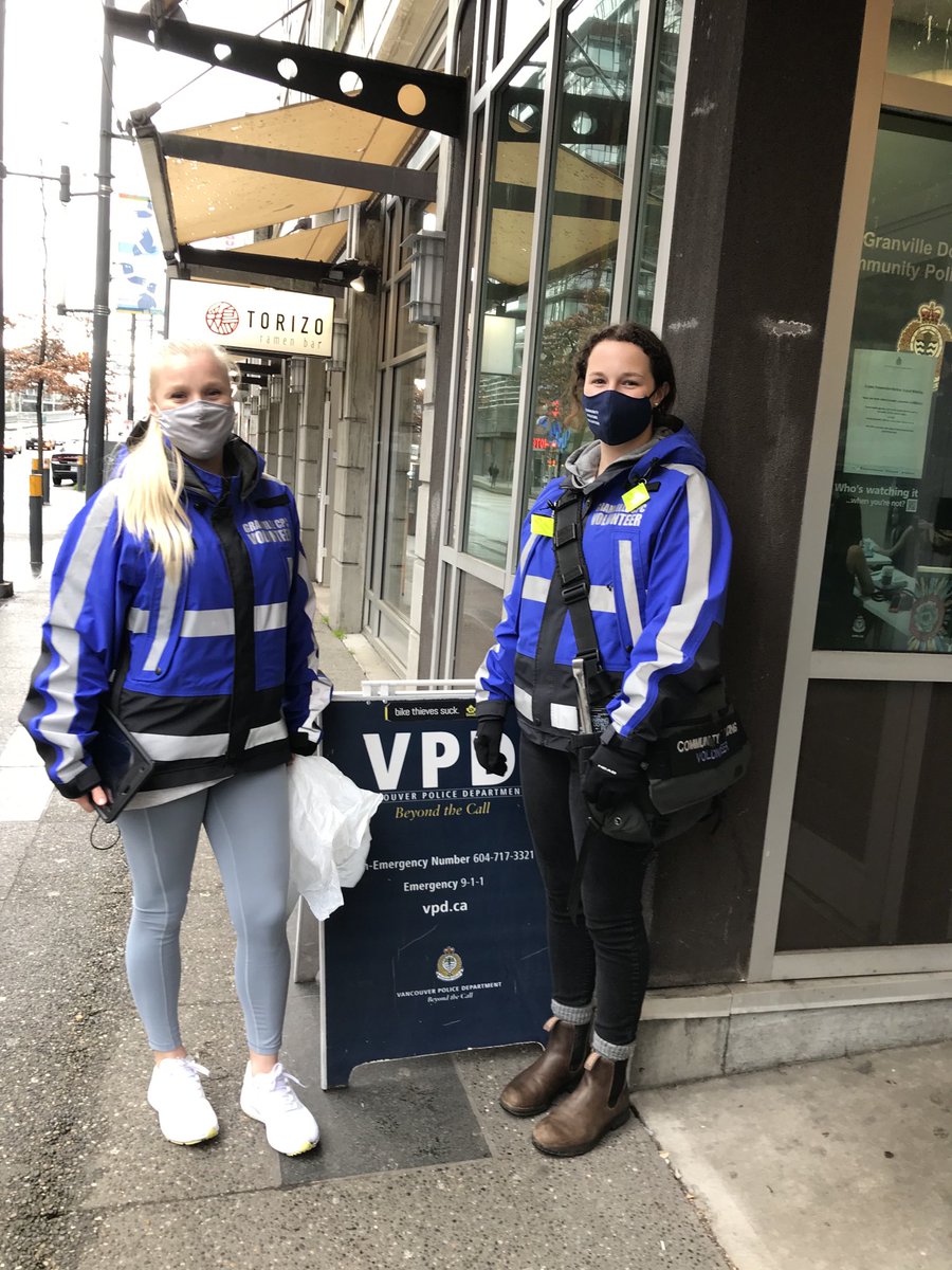 DGelmon's tweet photo. This is a smiling Haley &amp; Alexia heading out on a Granville CPC patrol, on a cold rainy afternoon, they found masks &amp; needles on the street.⁦@DeputyChow⁩ ⁦@WECHCPC⁩ ⁦@Granvillecpc1⁩ ⁦@BethofBC⁩ ⁦@RoadSafetyHarv⁩ ⁦@CityofVancouver⁩ https://t.co/jhV5qHqaxs