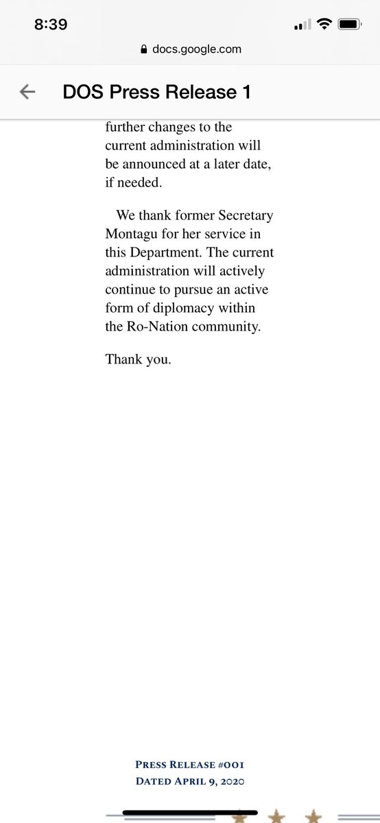 Kacey Montagu’s resignation statement from Roblox, in case you didn’t think the nUSA government was serious business.

Story: politico.com/news/2021/04/0…