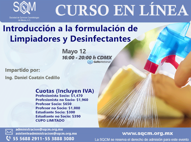 SQCMofficial's tweet photo. #mayo #limpiadores #desinfectantes #quimicos #cosmeticos #vanguardia #webinar #sqcm
La #SQCM lo invita a participar a su siguiente #CURSO en #LÍNEA en el mes de #MAYO titulado: “Introducción a la #formulación de #limpiadores y #desinfectantes” https://t.co/PqUnr5tLHK