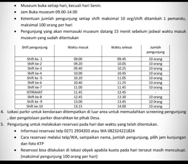 Museum Sangiran sudah mulai beroperasi mulai hari ini, tapi dengan ketentutan seperti yg tertera digambar nggih.