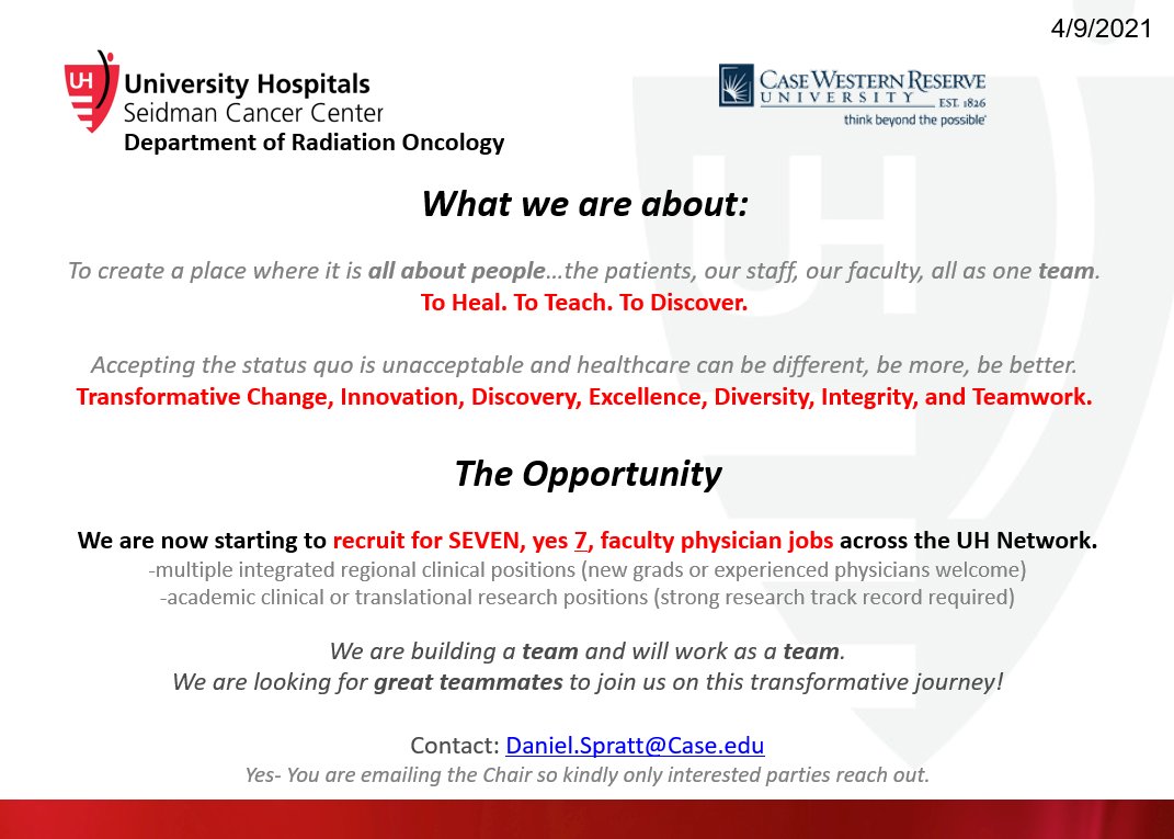 Daniel E Spratt (@drspratticus) on Twitter photo It begins...
To PGY5s to established clinicians + researchers, change is happening now <a href="/UHhospitals/">University Hospitals</a> <a href="/caseccc/">Case Comp Cancer Ctr</a>.
See attached pic, but in brief we are starting to recruit for 7 physician faculty positions.
Growing and building the dream team!
<a href="/ASTRO_org/">ASTRO</a> <a href="/ARRO_org/">ARRO</a> <a href="/ACROresident/">ACROresident</a> It begins...
To PGY5s to established clinicians + researchers, change is happening now <a href="/UHhospitals/">University Hospitals</a> <a href="/caseccc/">Case Comp Cancer Ctr</a>.
See attached pic, but in brief we are starting to recruit for 7 physician faculty positions.
Growing and building the dream team!
<a href="/ASTRO_org/">ASTRO</a> <a href="/ARRO_org/">ARRO</a> <a href="/ACROresident/">ACROresident</a>