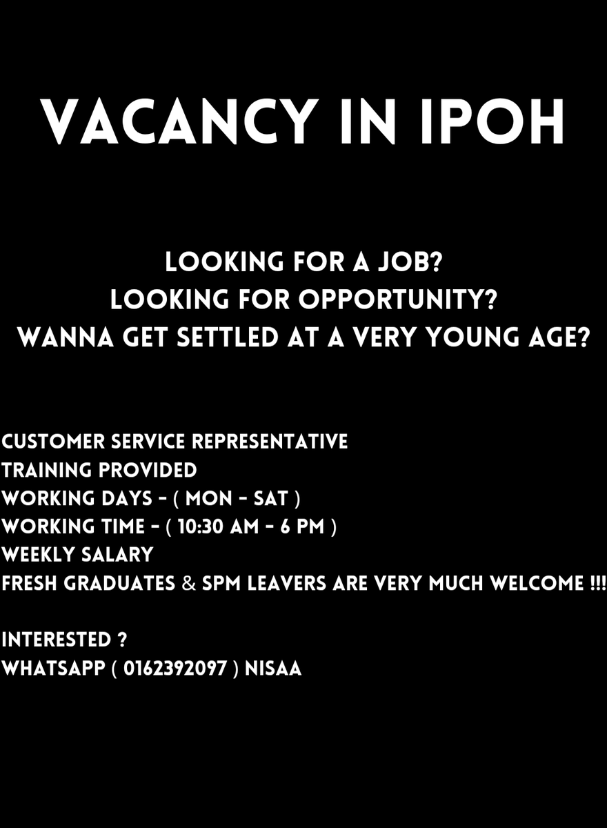 VACANCY
@twt_kerja @remaong_born @maucurhatmy @VacanciesMY @portalkerjayamy @getsendview @infokerjaya @Kerjacarirezeki @Jobkerjaya @kerjaON9 @sebarkerja @kerjakosong123 @KerjaOh @Oh_KerjaKosong @MauKerjaMY @haikerja @Peluangkerjaya @jawatan @jawatannkosong @Twt_IklanKerja