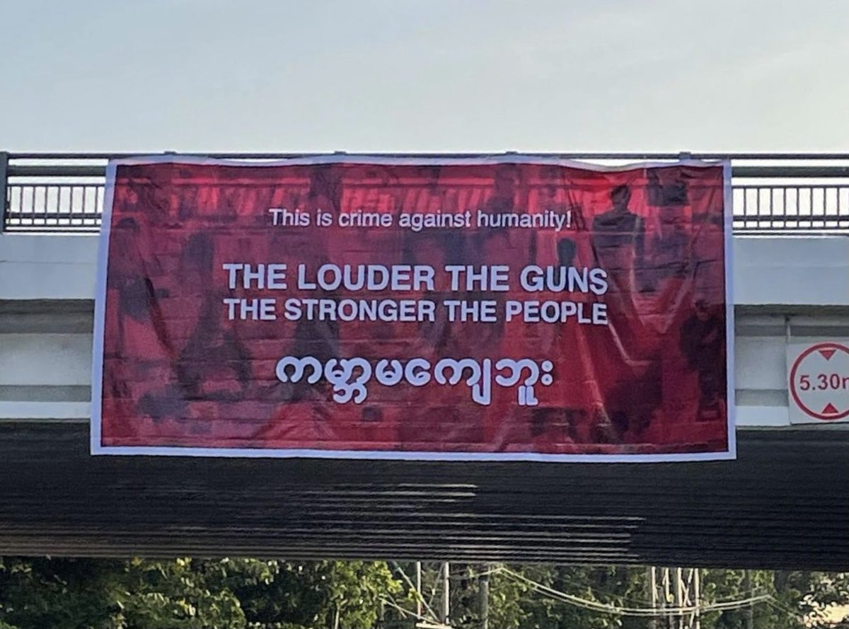 Matthew Tostevin (@tostevinm) on Twitter photo Sign on bridge in Yangon today as Myanmar’s death toll grows. <a href="/aapp_burma/">AAPP (Burma)</a> says at least 618 people killed already by junta forces, but that’s expected to grow with toll from Bago yesterday. #WhatsHappeningInMyanmar Sign on bridge in Yangon today as Myanmar’s death toll grows. <a href="/aapp_burma/">AAPP (Burma)</a> says at least 618 people killed already by junta forces, but that’s expected to grow with toll from Bago yesterday. #WhatsHappeningInMyanmar