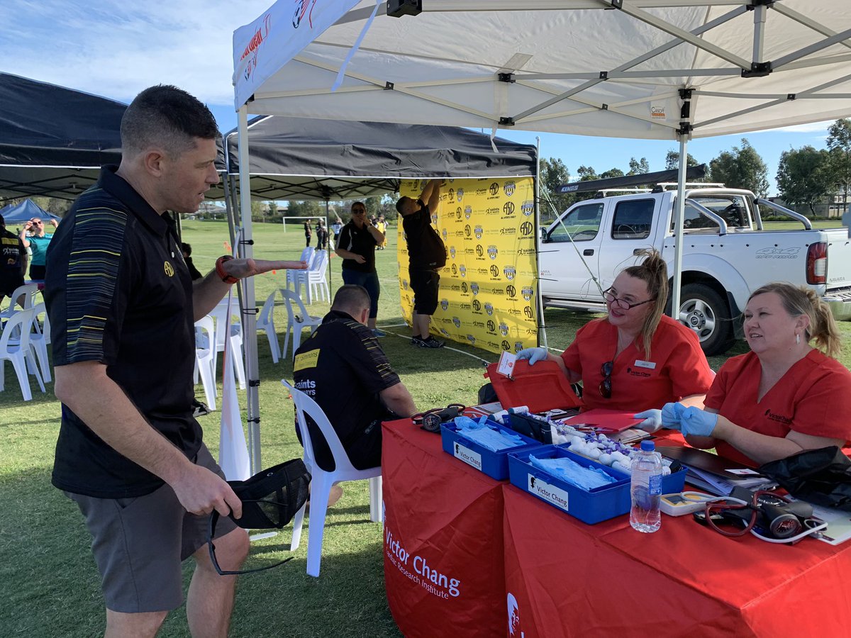 AndyPaschalidis's tweet photo. A great afternoon for @HOfFootball in tandem with the @VictorChangInst at Ropes Crossing FC in the @bdsfa in Sydney. Testing for blood pressure, cholesterol &amp; blood sugar. Fantastic engagement 🤗 @footballnsw @Tim_Cahill @GregPage_Yellow @VictorChangInst @GeoffLeeMP @GladysB https://t.co/TUlKIxS9ij