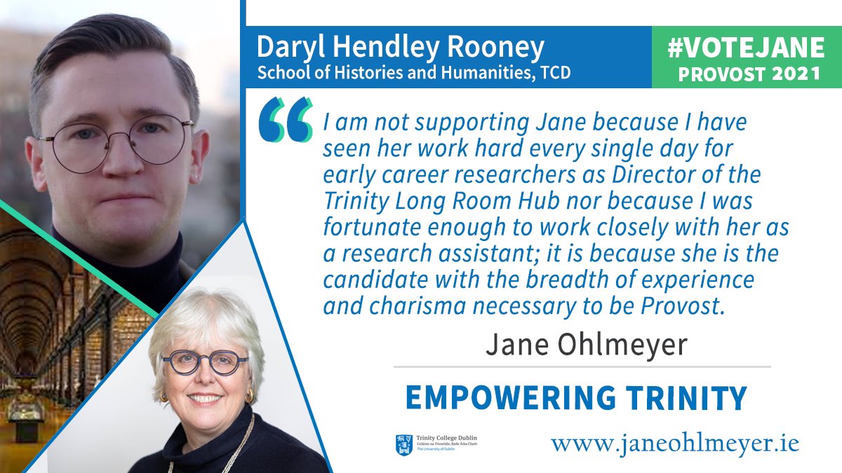 Trinity needs an outstanding communicator w/ the charisma, ambition and pragmatism that befits a Provost of a globally recognised and ancient university. Having watched all of the campaign hustings, that person is clearly <a href="/janeohlmeyer/">Jane Ohlmeyer</a> #TCDProvost2021 #VoteJane #EmpoweringTrinity