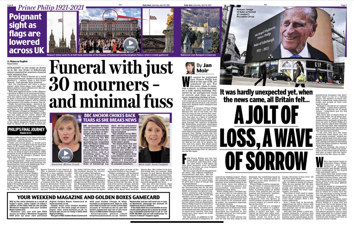 Today’s  #DailyMail is a masterclass: 144 pages of stunning coverage - news, commentary, features and picture specials. I also reveal how the Queen was comforted within hours of her husband’s passing by the Duke of York, the Earl of Wessex and, later, Prince Charles......