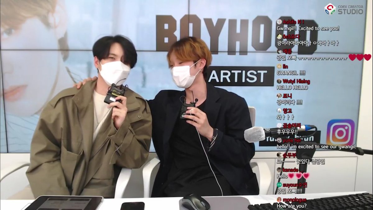 boyhood said they'll be doing the stream for an hour!also said that gwangil's a guest but seems like the main character in today's stream hahahathe two of them have been using formal language ever since (donghyun is younger) but now they've become close so it's more casual~