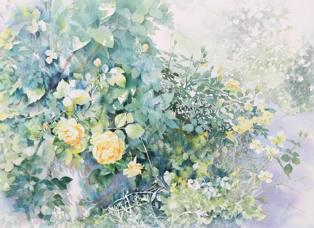 【真作】絵画　星野直子　水彩　向日葵　ガラスの中で咲く命　黄色と緑の調和　U6 真作】絵画 星野直子 水彩 向日葵 ガラスの中で咲く命 黄色と緑