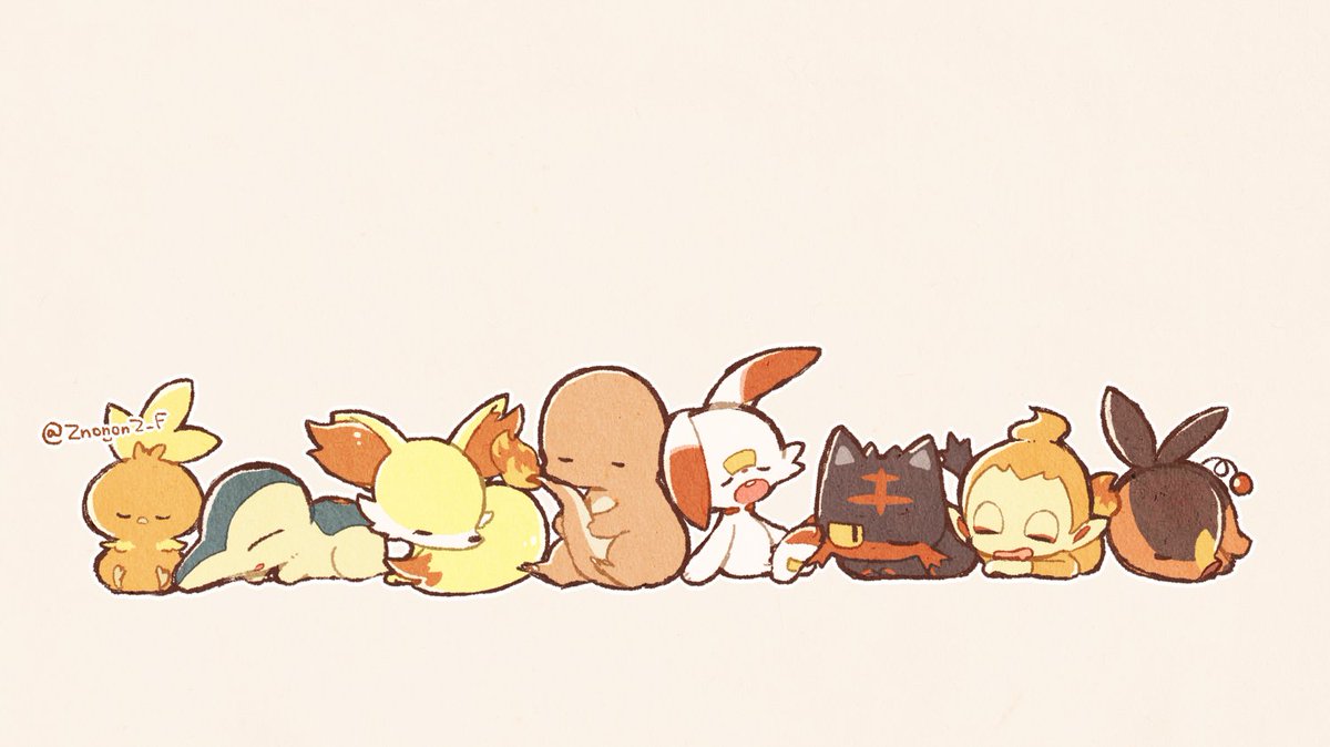 charmander ,scorbunny ,tepig pokemon (creature) no humans starter pokemon trio closed eyes flame-tipped tail on stomach lying  illustration images