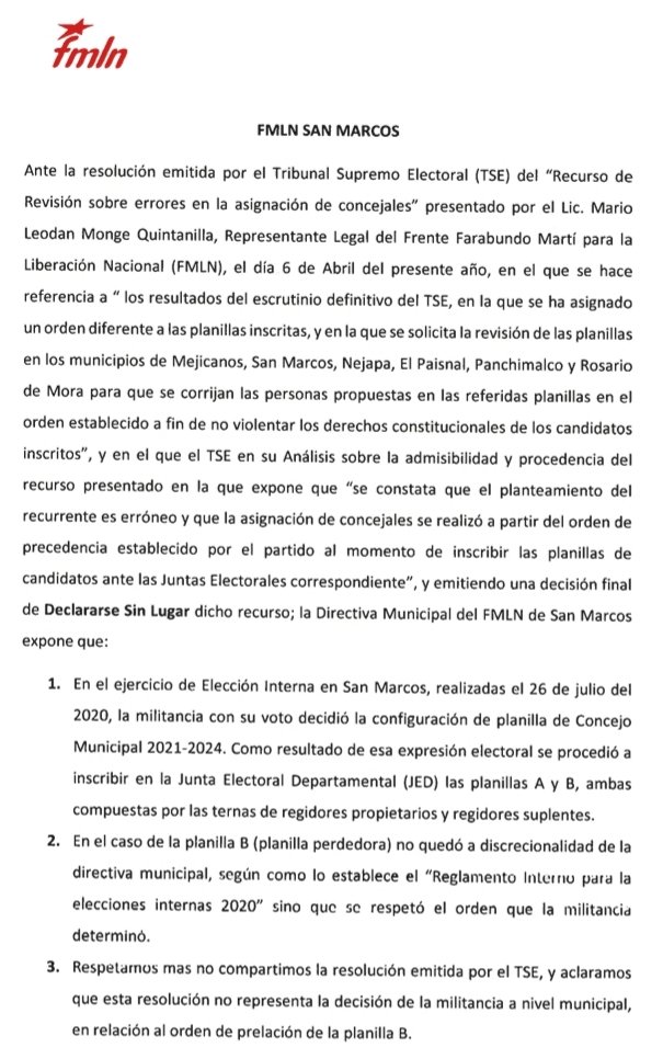 fmln_marcos's tweet photo. Comunicado de Directiva Municipal para todos los militantes y simpatizantes del FMLN San Marcos, ante resolución del Tribunal Supremo Electoral (TSE) 
ASUNTO: RECURSO DE REVISIÓN SOBRE ERRORES EN LA ASIGNACIÓN DE CONCEJALES
EXPRESAMOS: https://t.co/0pWxeGJRZa