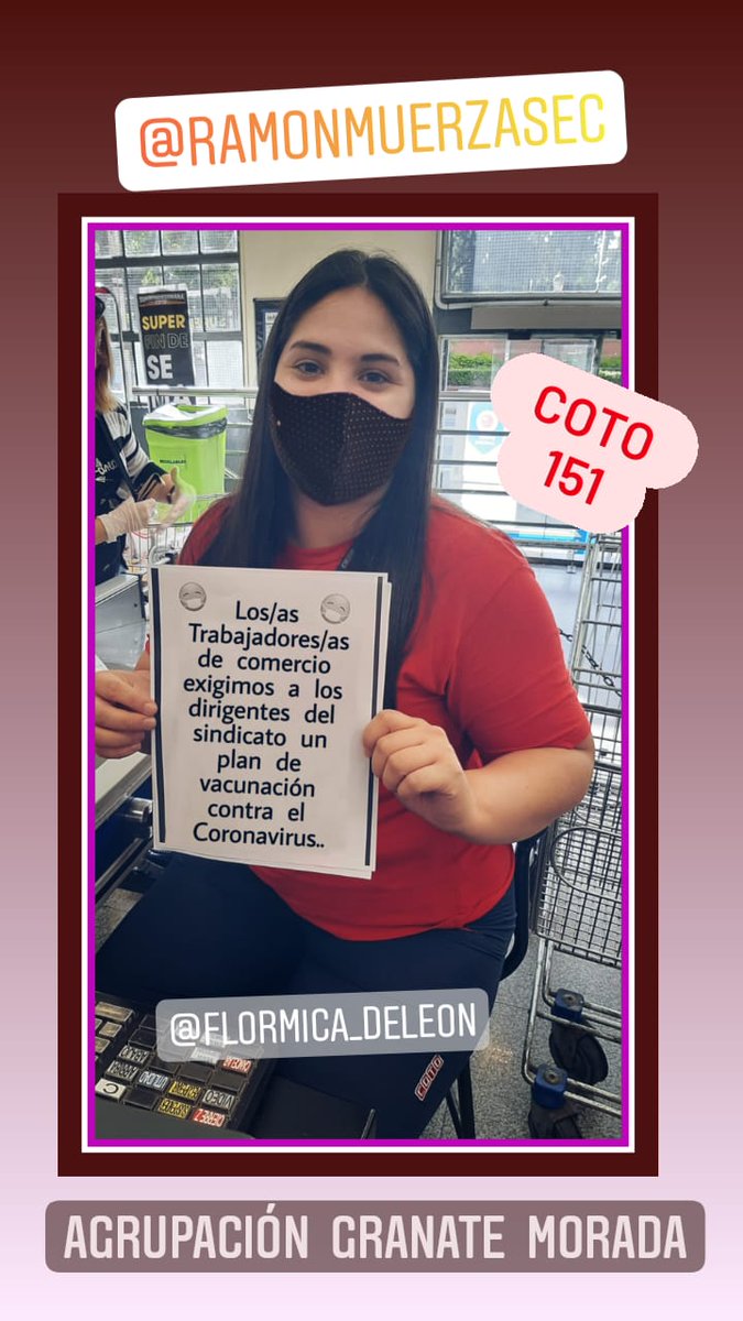 luiscaballeroo0's tweet photo. Desde la Agrupación Gránate-Morada Graciela Lucero, exigimos al sindicato de Empleados de Comercio un plan vacunación contra el COVID-19 para los/as trabajadores/as de supermercados.. @MuerzaRamon @aldecoto @leonmagallane #COTO151 https://t.co/TJl6mVY68d