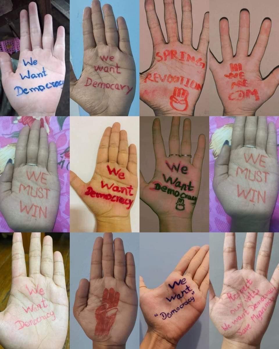 spring21MM's tweet photo. On the morning of April 10, young people in #Mawlamyine wrote their wishes on the palms and stage a protest against the military coup.

#Apr10Coup
#WhatsHappeningInMyanmar https://t.co/S9rfb0GAdd