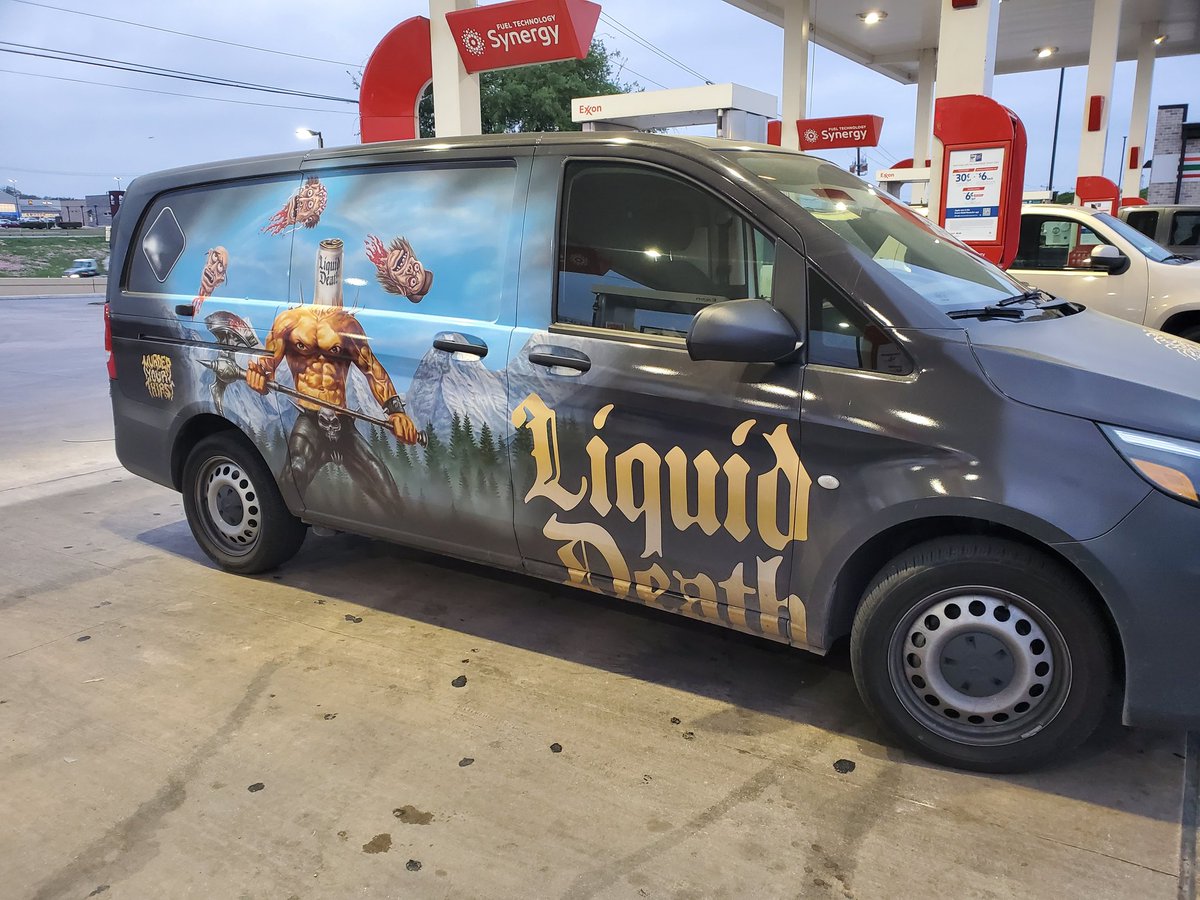 JoshDietzmann's tweet photo. Shoutout to @LiquidDeath! I saw the van and asked the rep if I could take a pic. We had a convo about how we both like the sparkling water with lime and she gave me a shirt. You guys are the best!!!#takemymoney #takemysoul https://t.co/trcDxN62pr