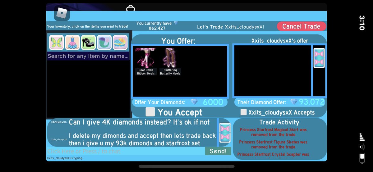 qHeavxn's tweet photo. ⚠️ #royalehighscammer alert! ⚠️ the person in this photo (Xxits_cloudysxX) tried to scam me out of 6k diamonds, dd heels and butterfly heels! Please report them and tell your friends to report them and please don’t trade them! #rhscam #rhscammer #royalehighscammers #rhscammed https://t.co/0zqB0iztUn