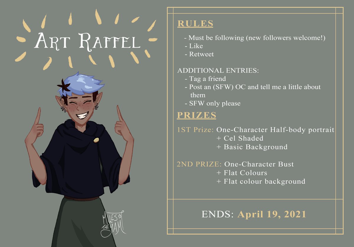 Gonna do an #Artrafle to celebrate finishing school! To participate:
🐢Must be following me
🐢Like
🐢Retweet

Additional Entries:
🐢Tag a friend(s)
🐢Post a (SFW) OC and tell me a little about them!
🐢 SFW Only please
Prizes beloww,,

Ends: April 19, 2021
