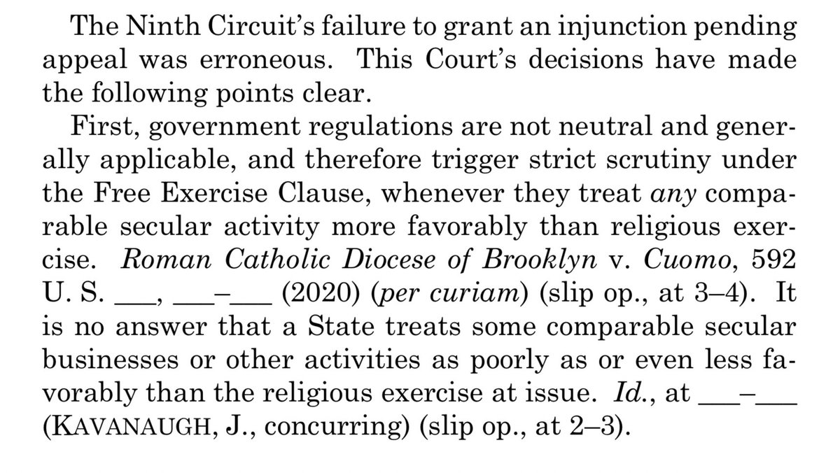 The Supreme Court uses an unsigned shadow docket opinion on Friday night to confirm that it has altered 3+ decades of precedent. This is not a plausible reading of Smith or Church of Lukumi. It’s a new rule—most-favored nation status for religion.  https://www.supremecourt.gov/opinions/20pdf/20a151_4g15.pdf  https://twitter.com/stevenmazie/status/1380727140182810624