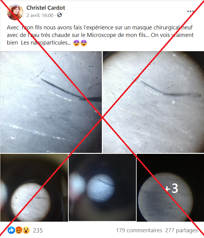 afpfr's tweet photo. 🔍 Des vidéos montrant de petits fils noirs sur les masques circulent sur Facebook &amp; Twitter. Selon les publications, il s'agirait de "vers" ou de "nanoparticules"

⚠️ Ce ne sont rien de plus que des fibres textiles inoffensives https://t.co/DNWc3h6GYM par @AfpFactuel #AFP https://t.co/t7w2r9jraF