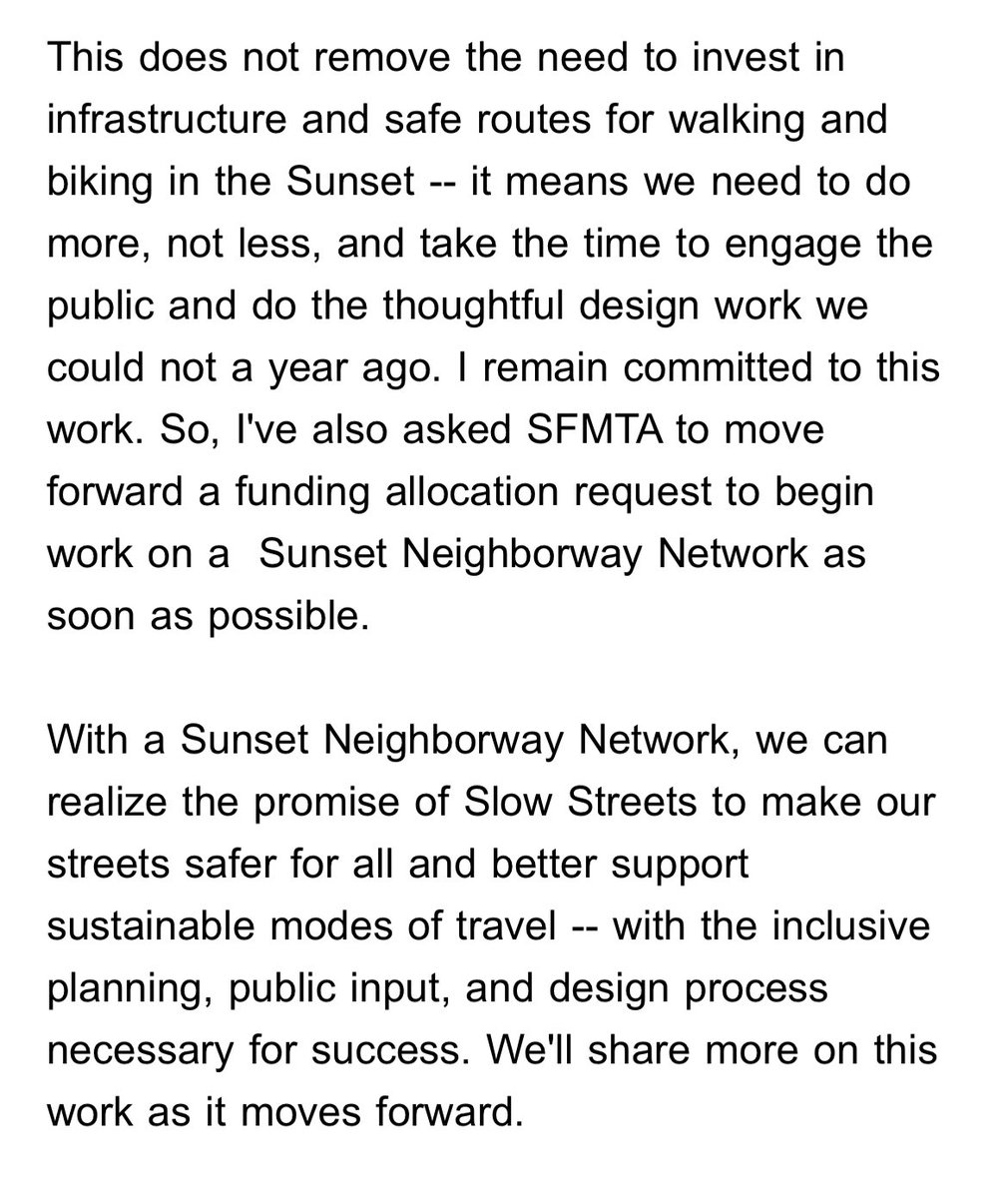 the email mentions a “neighborway network” – do want to note that neighborways, per the SFMTA definition, are not the same as closing to thru traffic like slow streets - they involve a set of potential traffic calming measures. https://www.sfmta.com/blog/neighborways-new-type-project-create-calmer-more-livable-streets