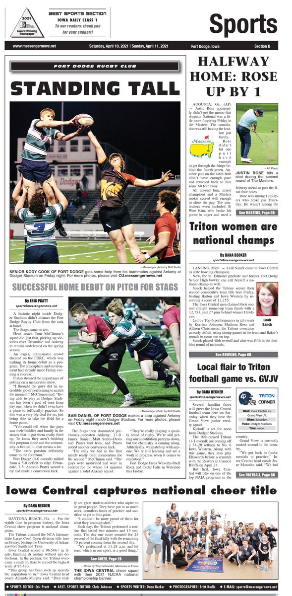 ByEricPratt's tweet photo. A sneak peek at Saturday's Messenger sports section. The Fort Dodge Rugby Club makes a successful home debut (photos by @Britt_Kudla). Iowa Central repeats as national women's bowling champion (by @DanaBecker). Triton cheer squad wins national title (by @DanaBecker). https://t.co/aRP8hwor0x