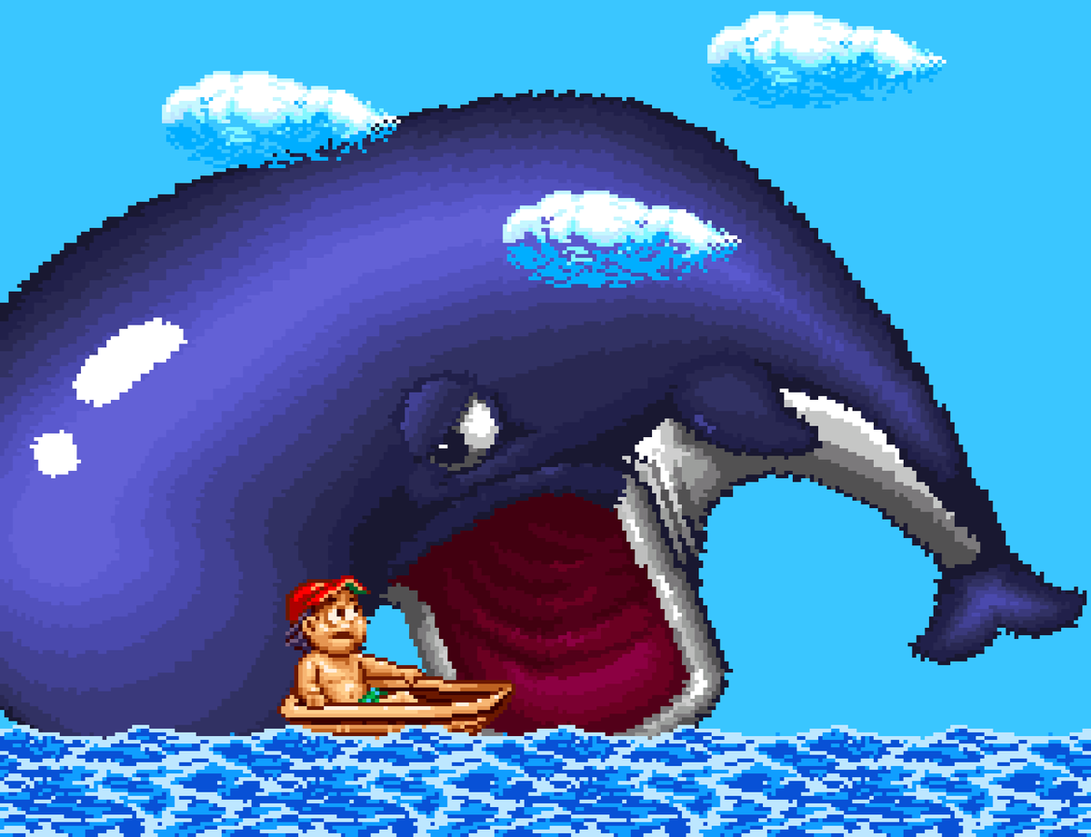 SirArturo3's tweet photo. Continuamos con la odisea de #MasterHiggins! En esta fase emulamos a las aventuras de Pinocho y somos devorados por una ballena, lo que nos lleva a desarrollar la mayora parte de la misma en el interior del bicho! 😋
#Retrogames #SuperAdventureIsland #PixelArt #SuperNintendo https://t.co/U5vNQzwJKY