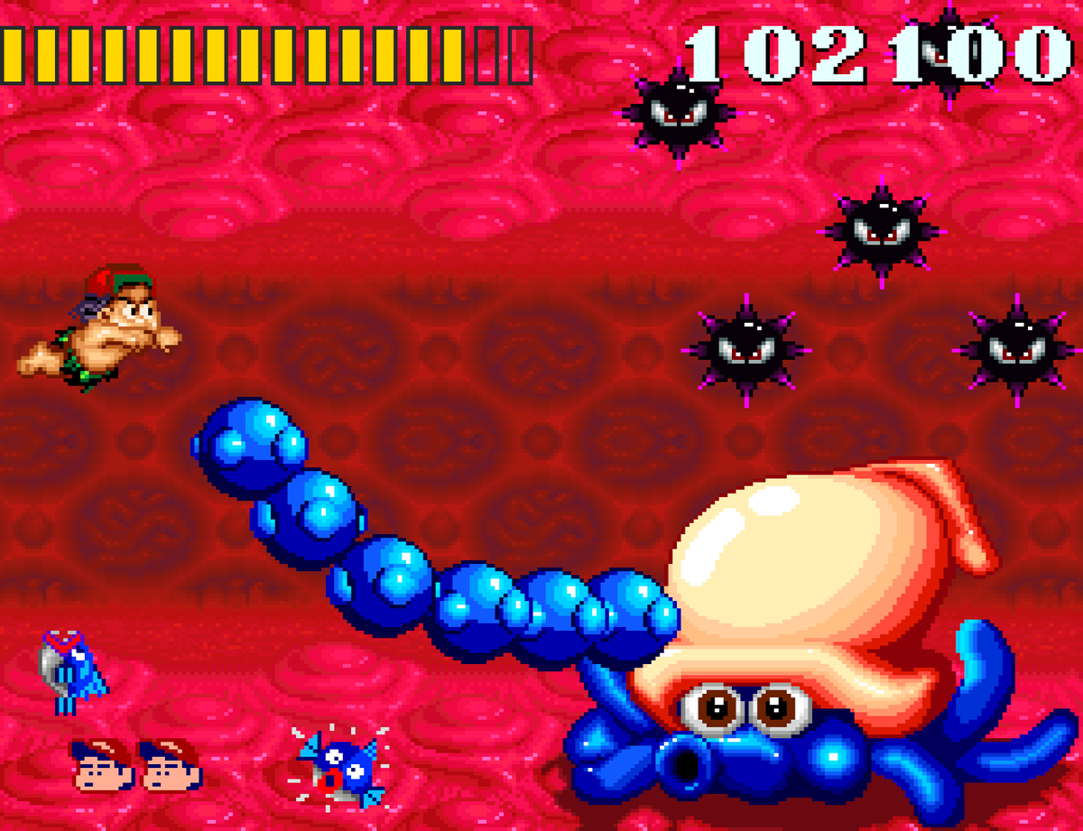 SirArturo3's tweet photo. Continuamos con la odisea de #MasterHiggins! En esta fase emulamos a las aventuras de Pinocho y somos devorados por una ballena, lo que nos lleva a desarrollar la mayora parte de la misma en el interior del bicho! 😋
#Retrogames #SuperAdventureIsland #PixelArt #SuperNintendo https://t.co/U5vNQzwJKY