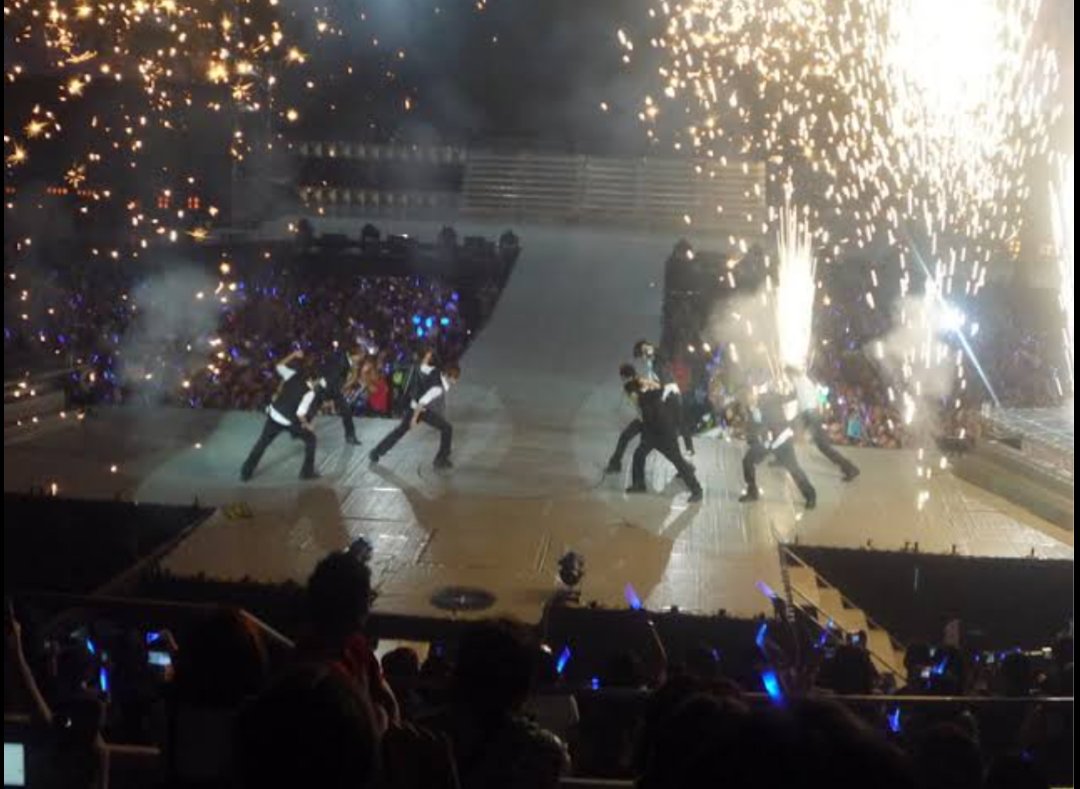 On STAGE EFFECTS,This is King of Hallyu Wave, Super Junior. They've been incorporating firework effects in their music videos and Super Shows (concert) even before your autotuned-artists' debut.I know, the secondhand embarrassment is unbearable.