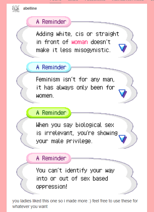 Example: when u visit a radfem's blog and see SWERF shit like the tumblr screencap above, you need only scroll a tiny bit to run into (often cleverly worded) transphobia or reblogs/RTs from openly identifying TERFs. They're all part of the same radfem package. (tw islamophobia)